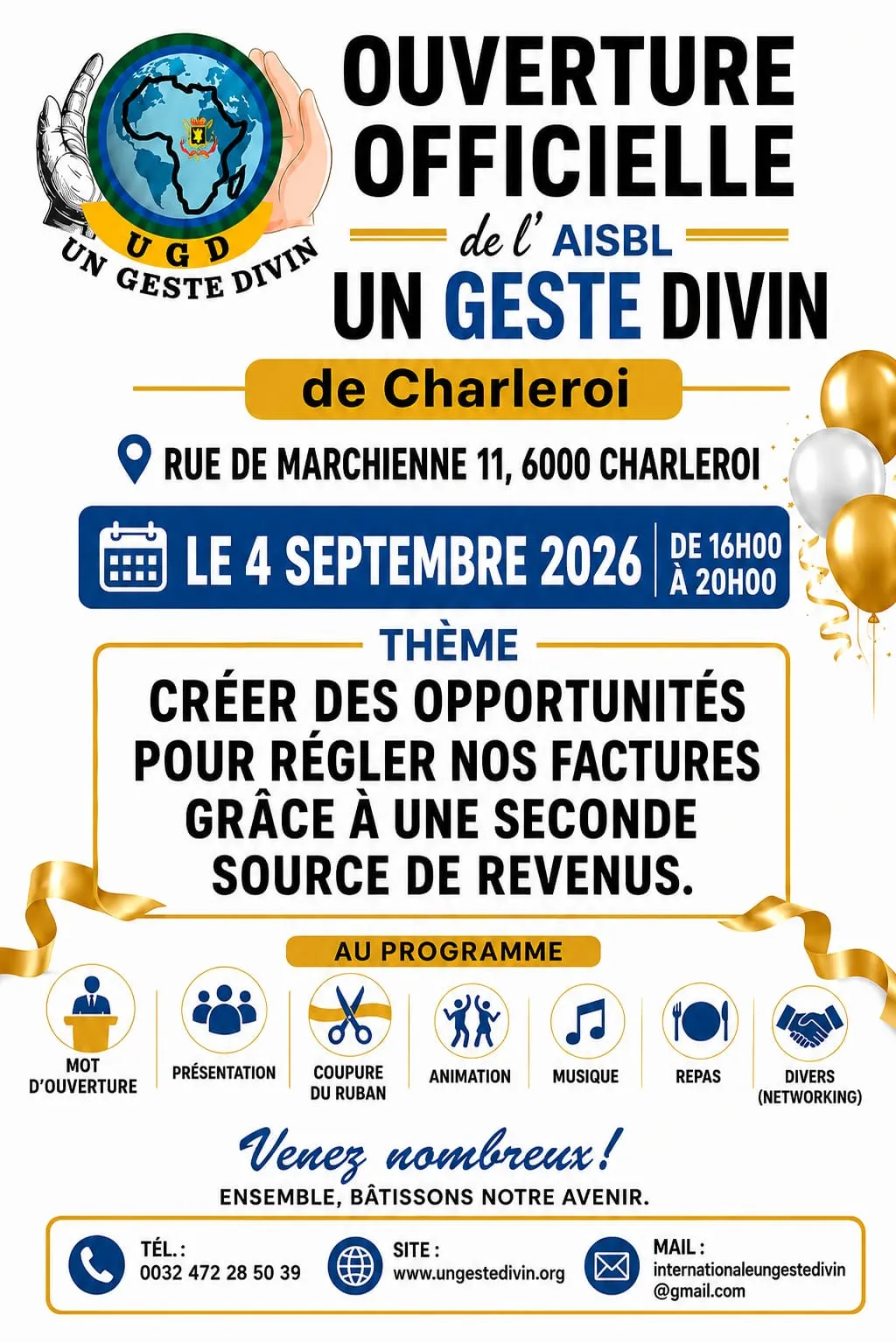 Affiche — Ouverture officielle du local AISBL UN GESTE DIVIN